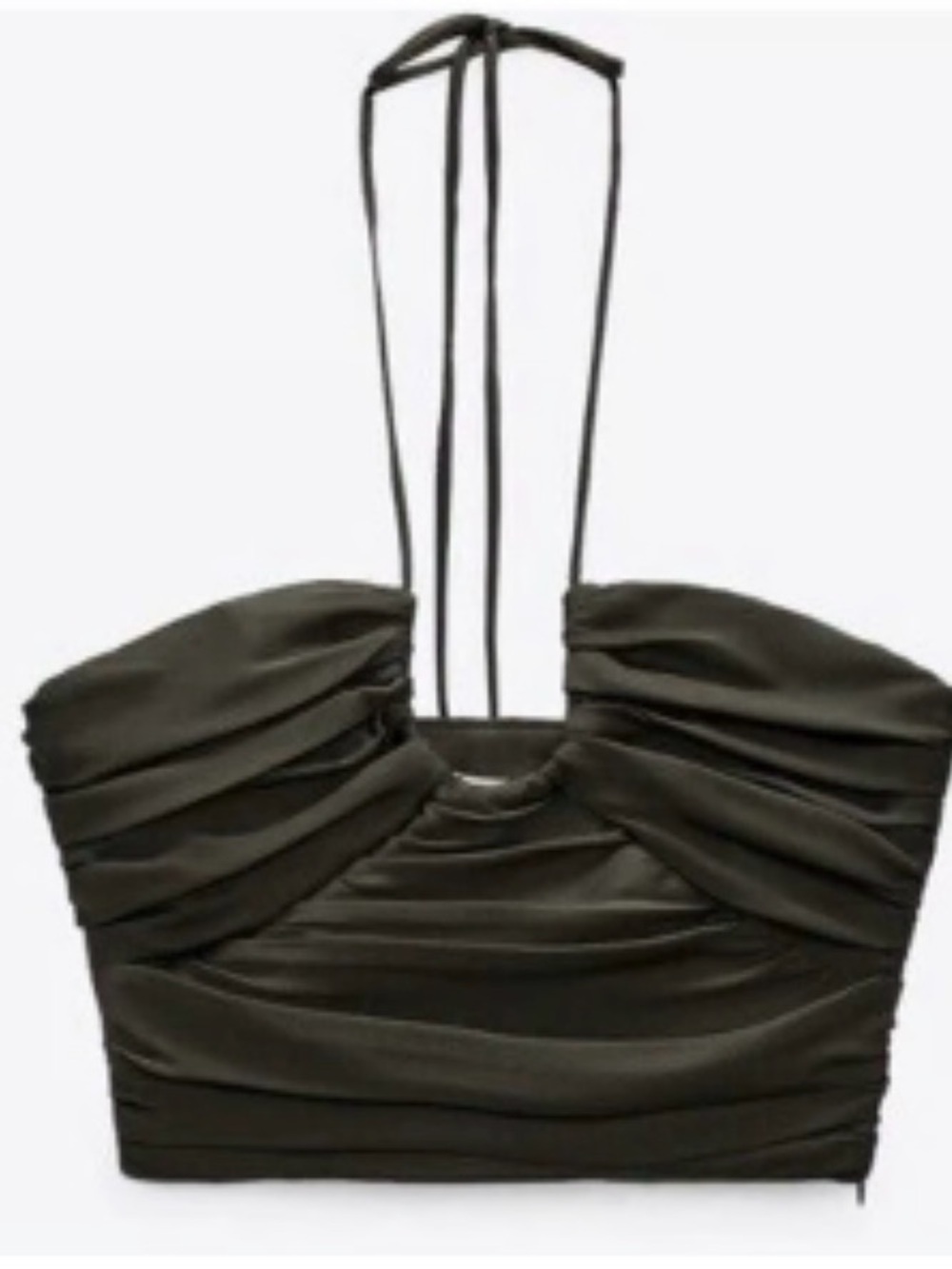 Zara Olive Ruched Halter Crop Top with Thin Tie Straps